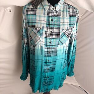 Jachs Girlfriend raw edge aqua and blue button down tunic shirt M